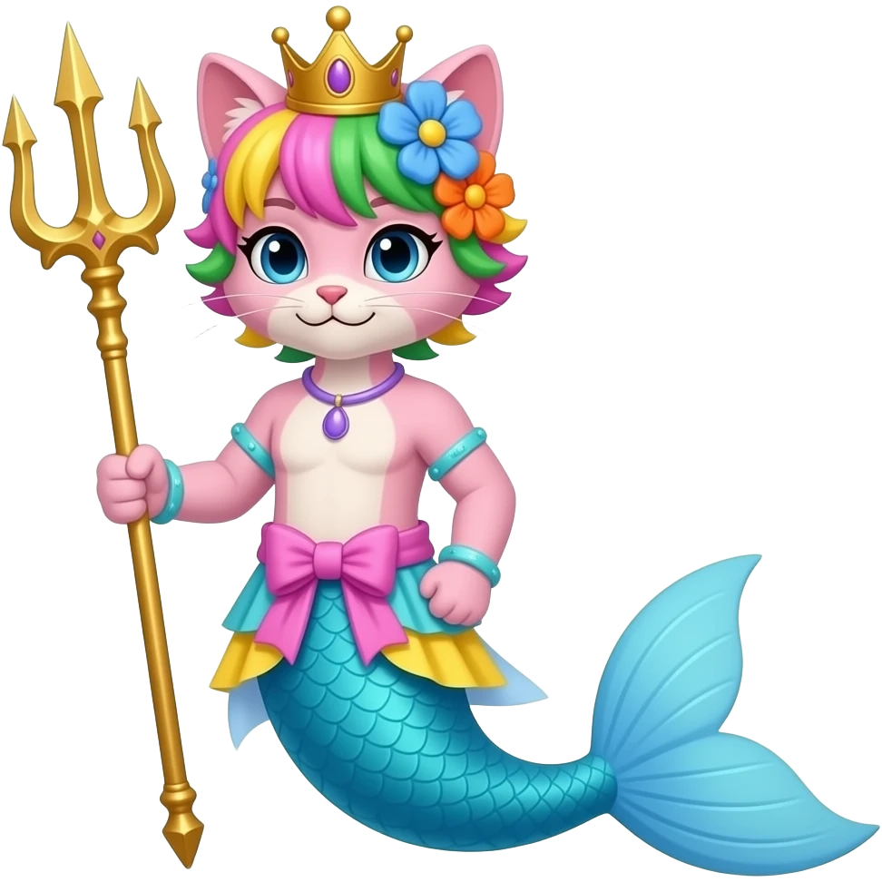 cartoon Male pink anthro cat  with pink and green and yellow hair blue flower orange flower golden crown with light purple necklace light cyan braclets cyan and pink and yellow dress with  attached to cyan  and light blue mermaid tail with dark blue fins holding a golden trident emoji
