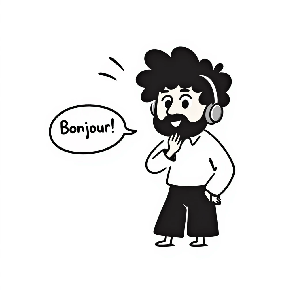 Anime-style character saying "Bonjour!", with black hair, brown eyes, black beard, wearing gaming headphones, Japanese animation style emoji
