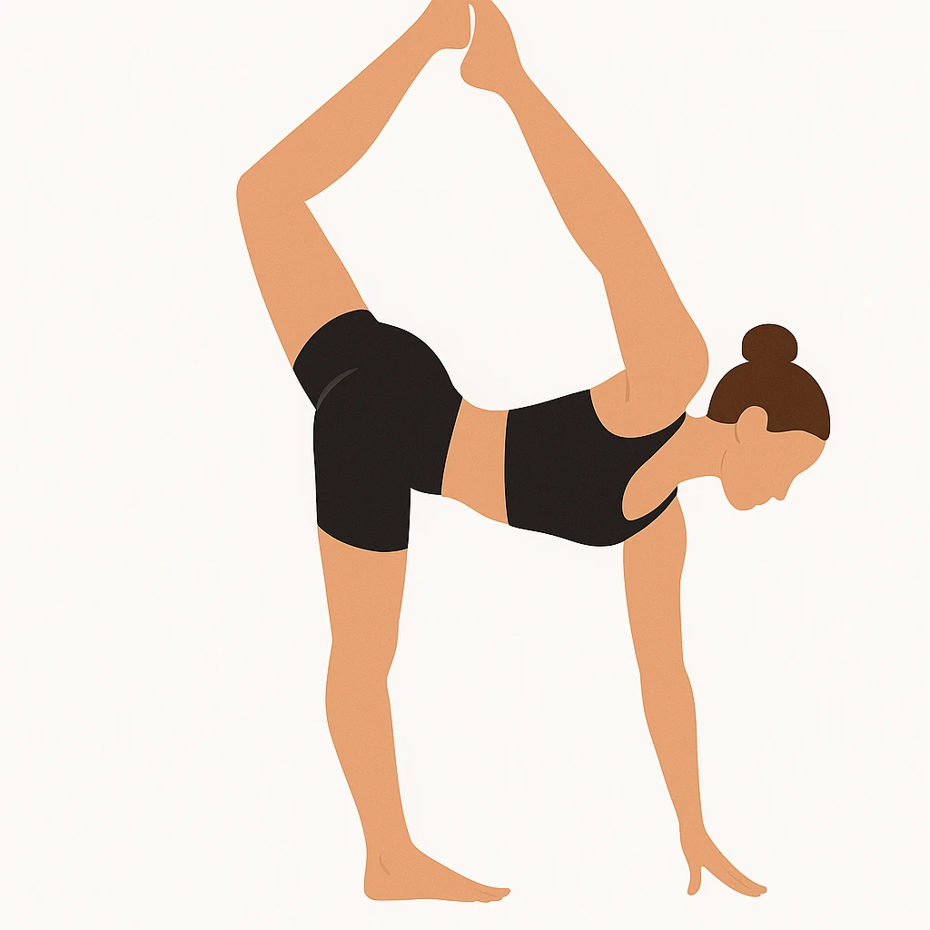 Minimalist flat vector illustration of a woman doing yoga in forward fold pose (Standing Bow Pulling), wearing sportswear (black top and black shorts), brown hair in a bun, clean white background, no face details, elegant style emoji