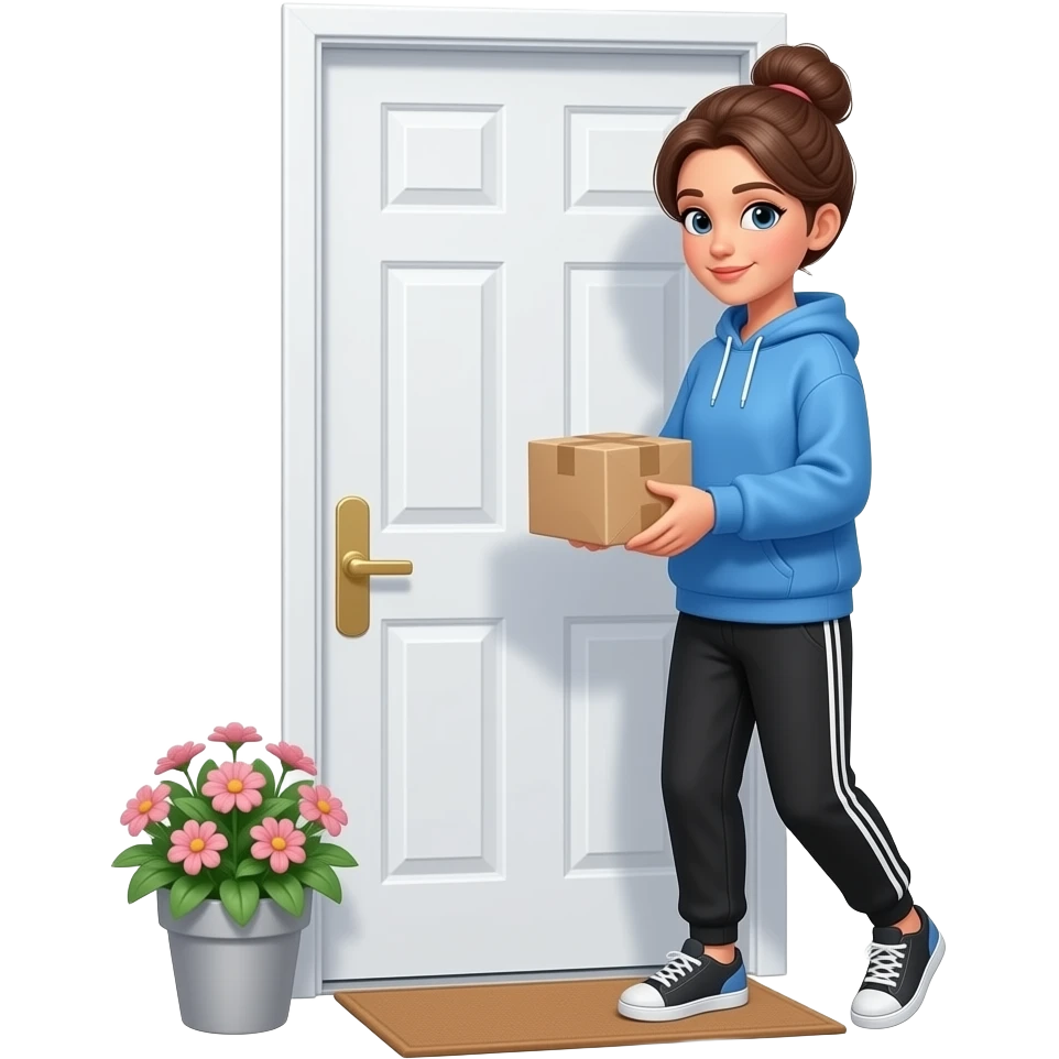 beautiful woman in a sweatshirt, sweat pants and a bun picking up her package outside her door emoji