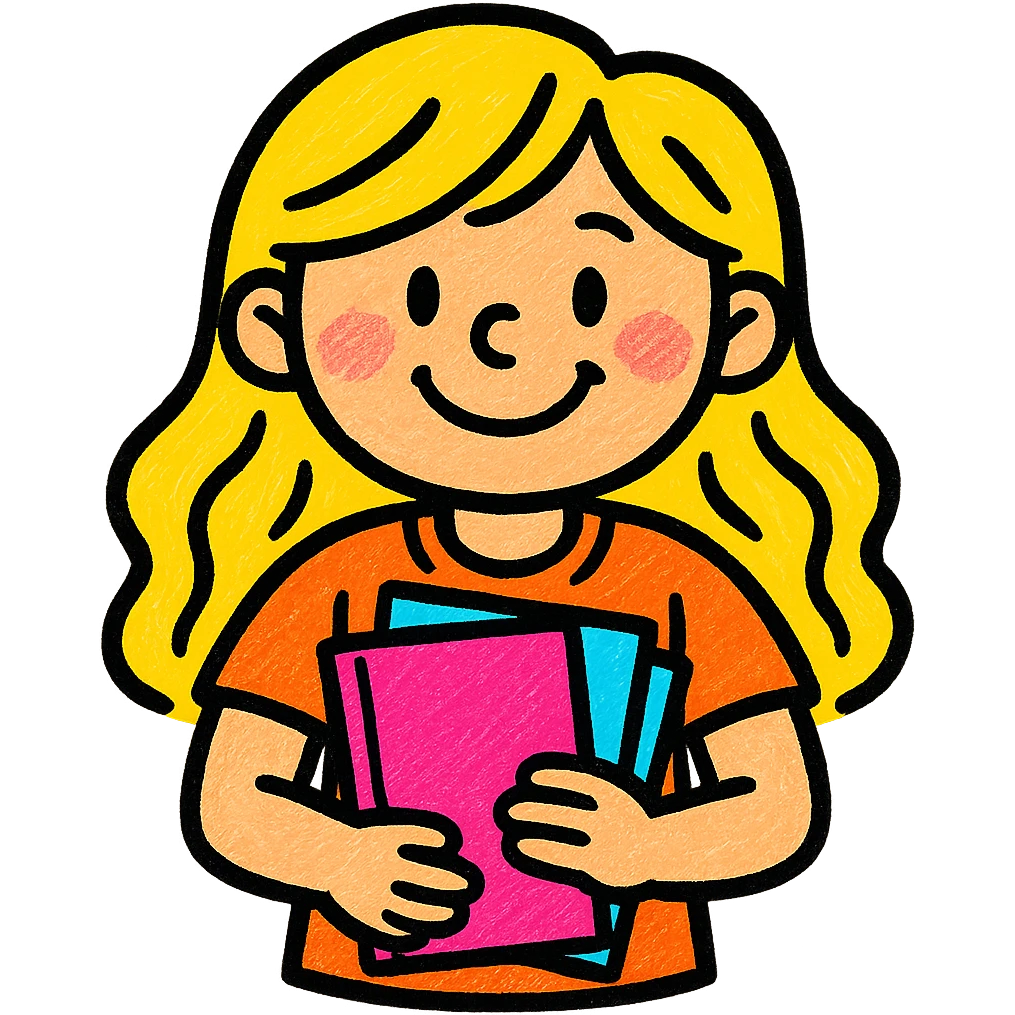 blonde girl in an orange t-shirt holding folders, vibrant colors, minimal background emoji