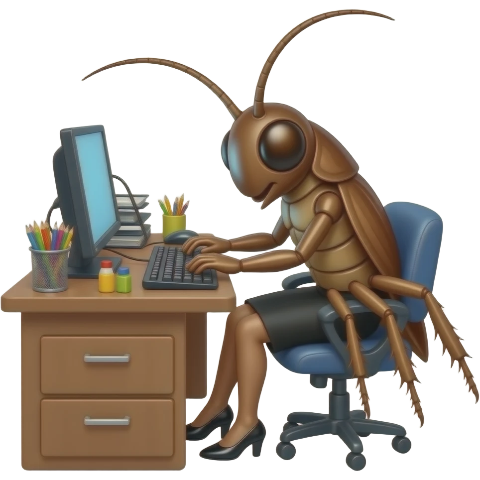 I want an image of a secretary working on her desk but she has the body of a cockroach emoji