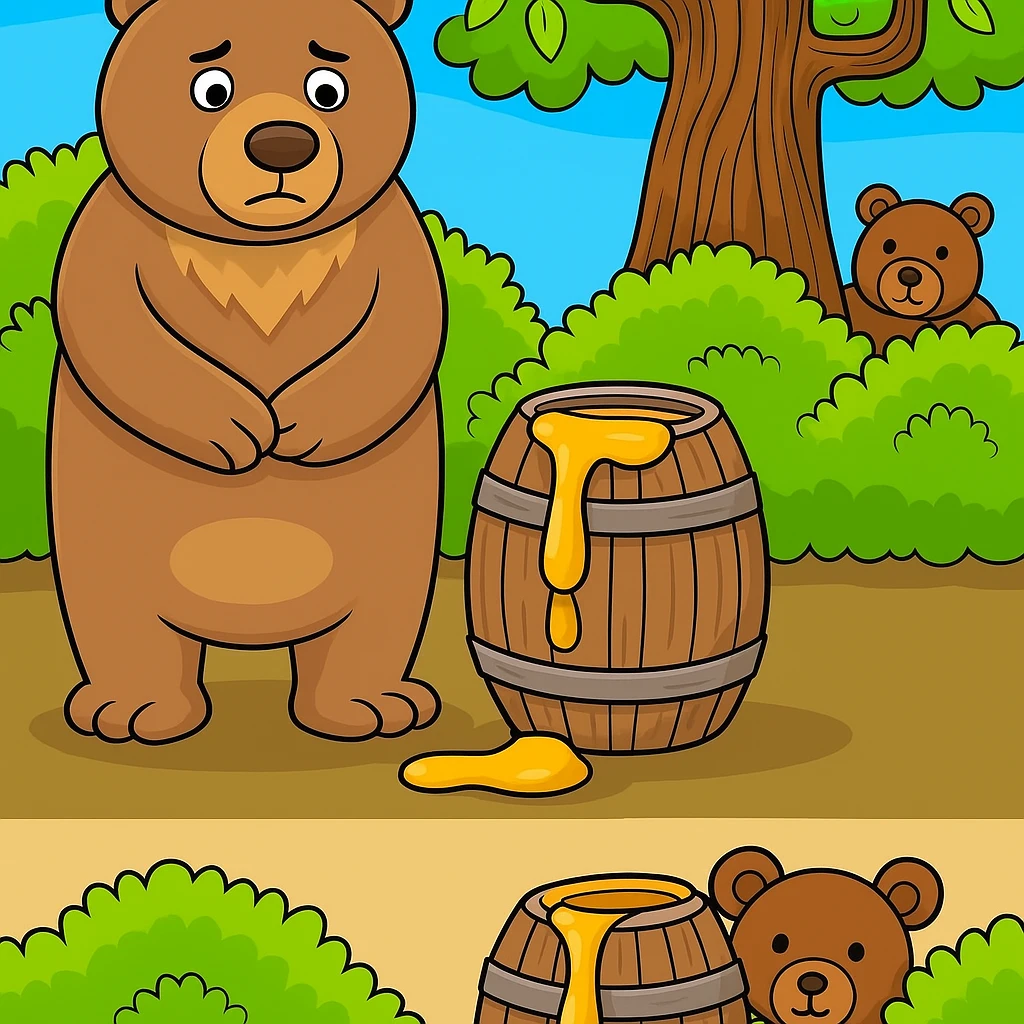 Create a variation of the cartoon bear and honey barrel scene for a 'find the three differences' quiz. Make three subtle changes: alter the bear's expression slightly, change the shape of the honey in the barrel, and add or remove a small background detail. Keep the style and layout consistent with the original image. emoji