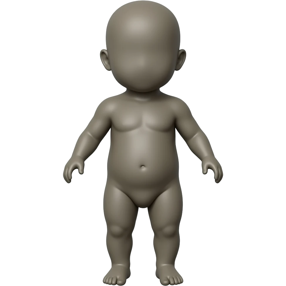 Gray featureless clay figurine, infant body proportions, frontal anatomical position, arms slightly away from body. Smooth, solid gray surface, no face, no eyes, no mouth; smooth head like an unfinished clay sculpture. emoji