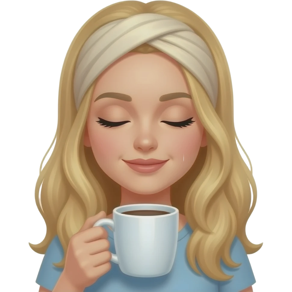 Hazme un emoji de una mujer con colochos rubia tomándose un café caliente con expresión tranquila y que agarre el café con una sola mano y que tenga los ojos relajados y cerrados. emoji