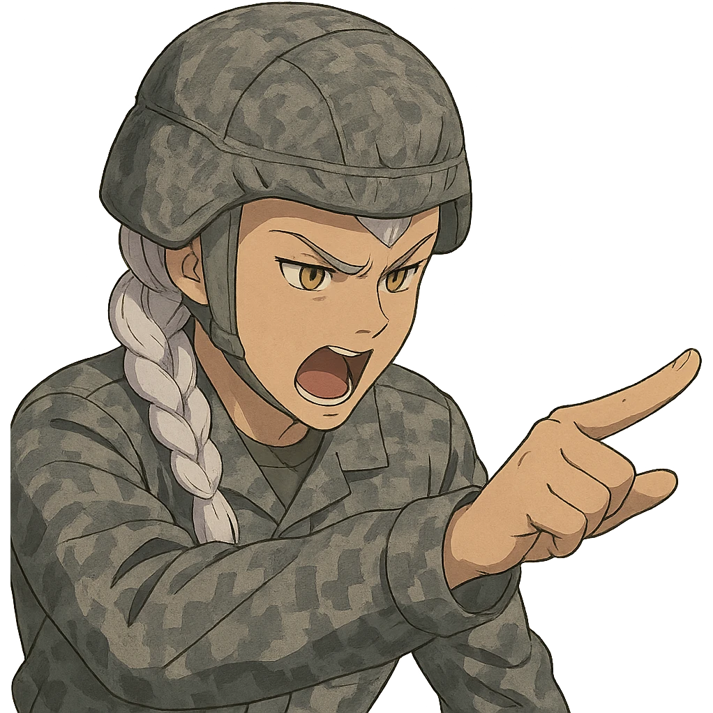 Style of Anime, 1 female, gold yellow eyes, white hair lavender tips, locks in front, mohawk, long white braid, she is a drill sergeant at work, focused facial expression, shouting command, eyes looking down in front of her, pointing a blade hand gesture to the forward direction, uniform of gray large scale digital camo. her head is covered with a PAGS style wrapped ballistic helmet emoji