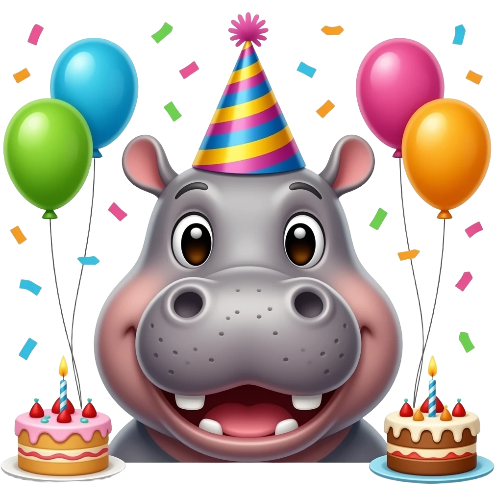 Hippo face birthday! Party hat and confetti and happy on its birthday and all the accessories and celebrations emoji