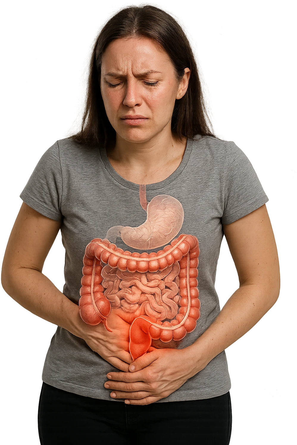 DONNA CON INTESTINO UMANO ANATOMICO IN EVIDENZA E MAL DI PANCIA, iperrealistico 4k, SFONDO BIANCO emoji