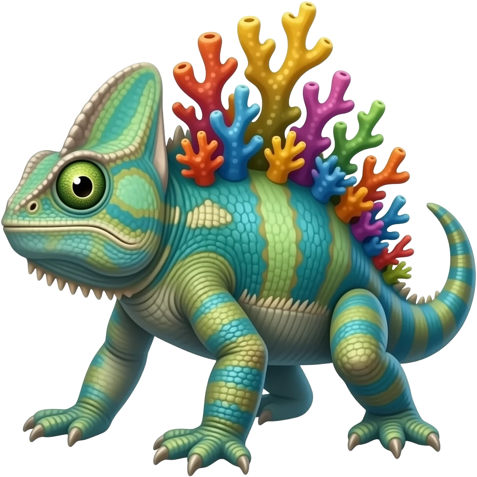 Coralisk A basilisk-like reef guardian with multicolor coral growths along its back, head, and legs, with shiny pearl-like eyes. It can shape hard coral barriers to defend its territory. emoji