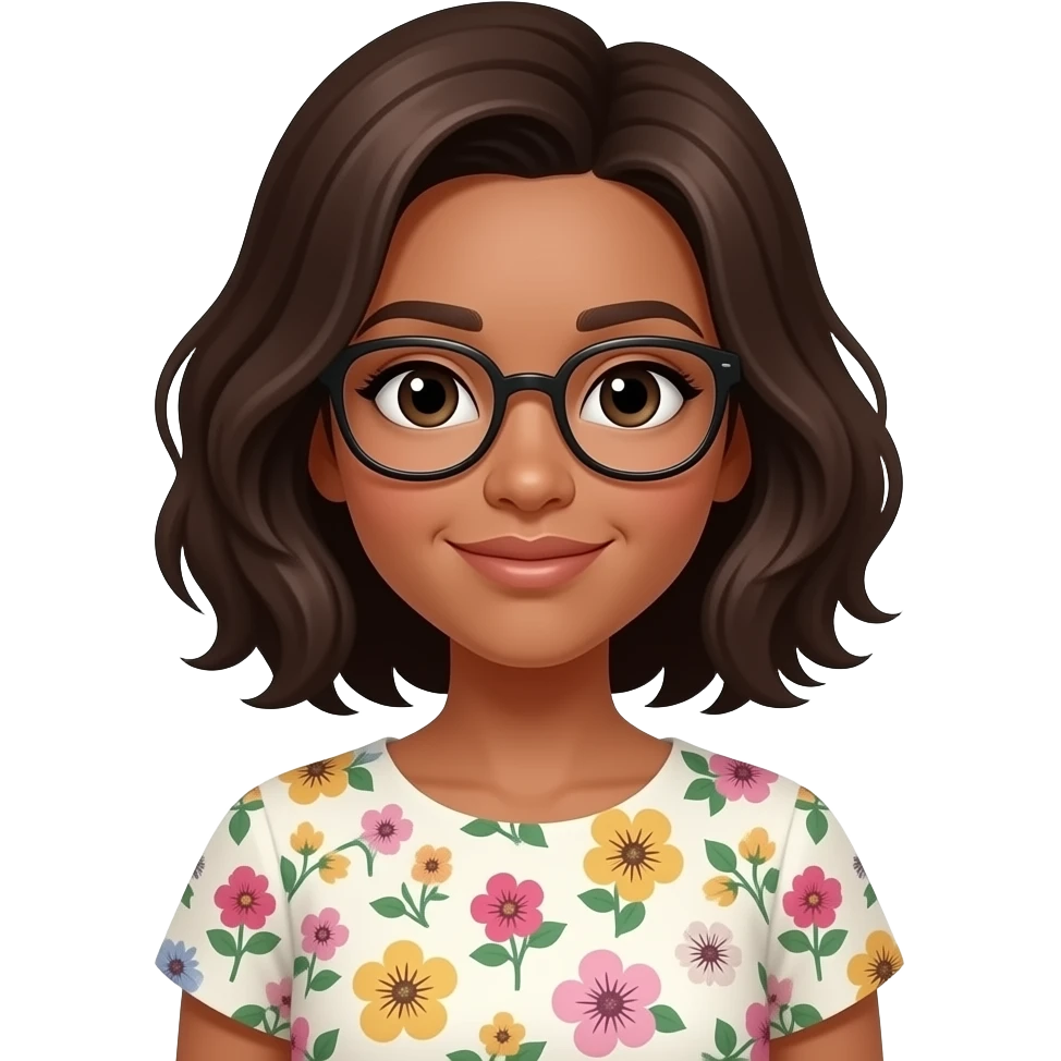 Cara Guera ,cabello chino con lentes con vestido floreado emoji
