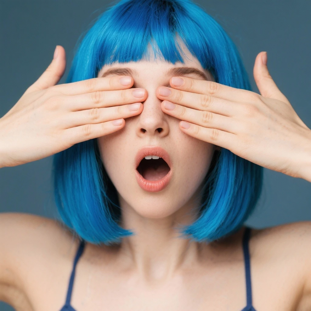 Woman with blue hair with hands over her eyes in disbelief  emoji