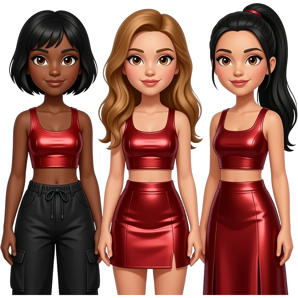 3LW with Naturi with dark skin, brown eyes, short black hair, red metallic crop top and baggy pants, Adrienne with brown eyes, tan skin, long golden brown hair, red metallic crop top and skirt, Kiely with tan skin, hazel eyes, long black ponytail hair, red metallic crop top and long skirt emoji