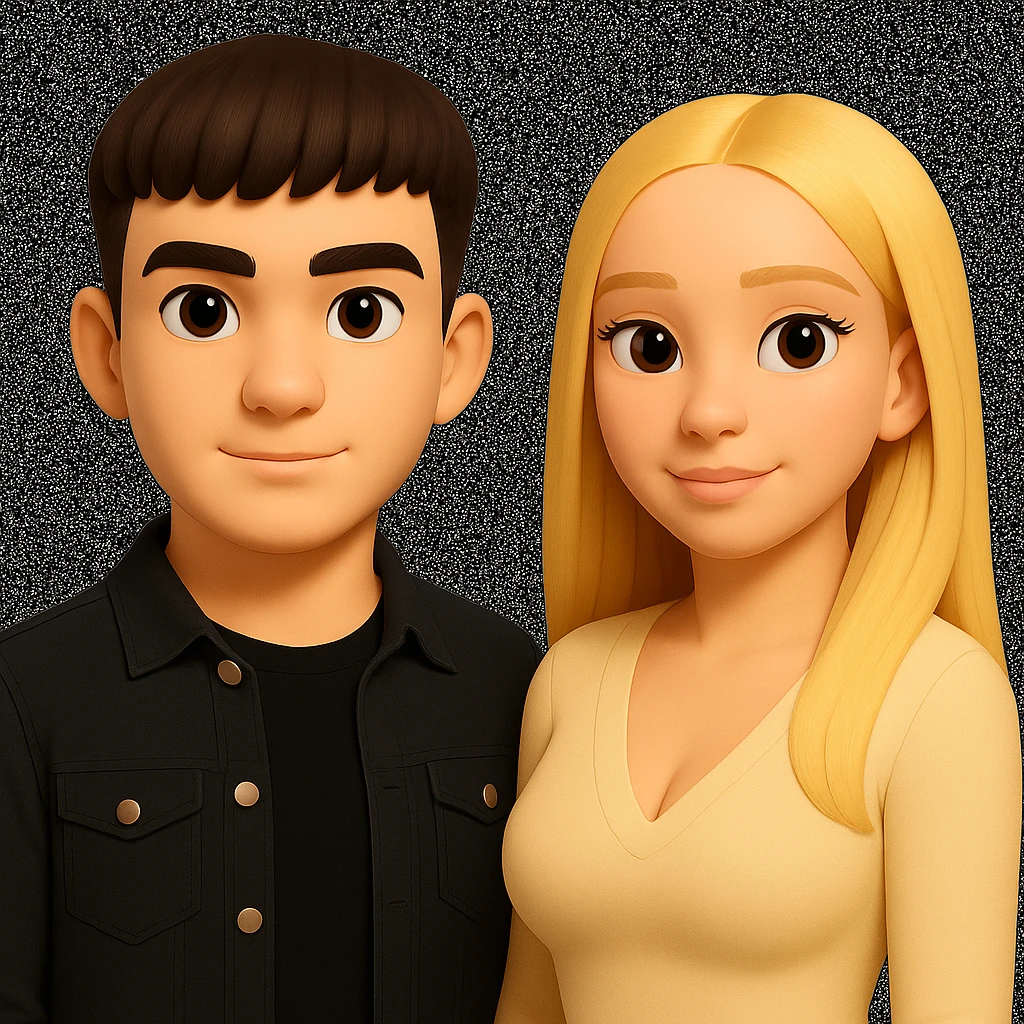 Slightly increase the volume of the upper body of the girl, spread them far apart from each other, make the skin color the same for both characters, while preserving the cartoonish 3D style as in the reference image. emoji