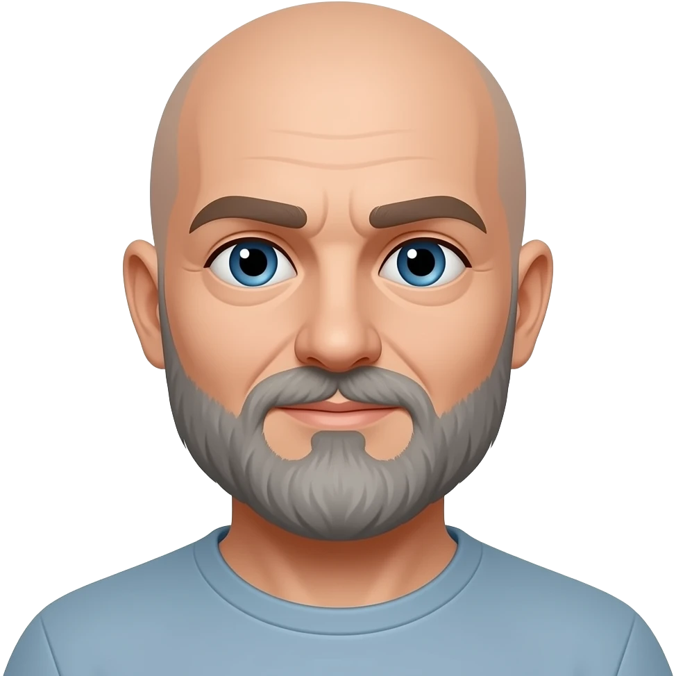more grey in the beard. blue eyes. bald head. no hair on head. more grey in beard on chin. lighter brown eyebrows. more grey in beard on chin emoji