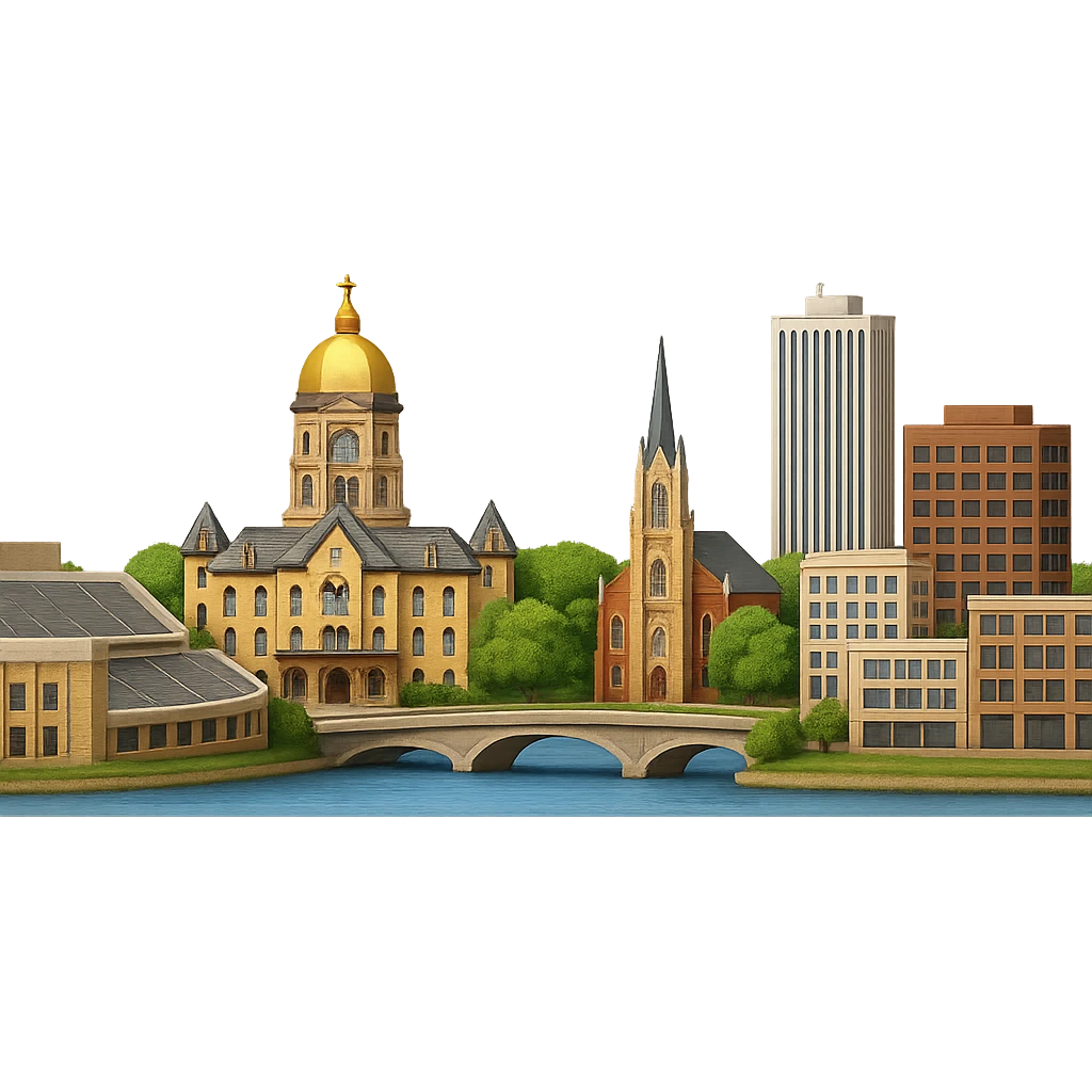 Make the buildings in the South Bend, Indiana emoji more realistic with lifelike architectural detail and accurate proportions. Keep the straight-on angle and wide city view including the University of Notre Dame campus with the Golden Dome and Notre Dame Stadium, St. Joseph River, and downtown South Bend. Use accurate colors and bright daytime lighting. The background should be fully transparent with no sky, no clouds, and no city name label. Maintain the style consistent with previous realistic city emojis. emoji