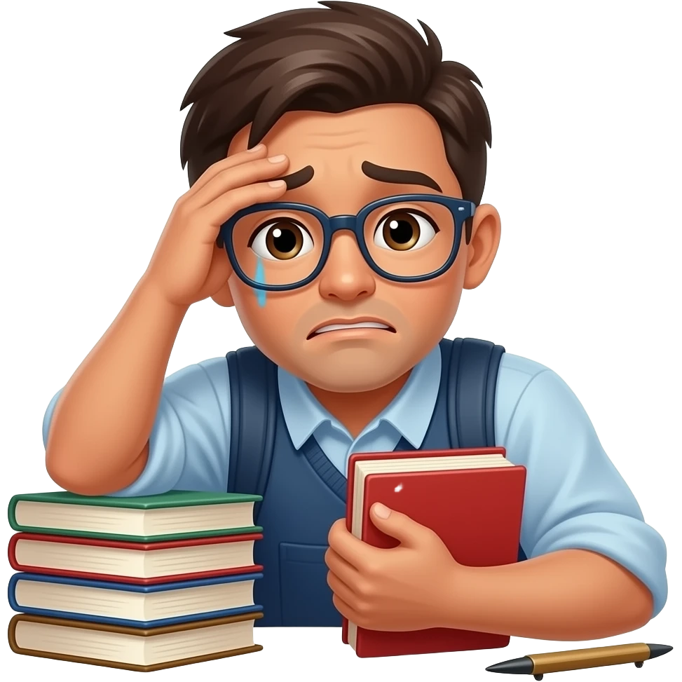 overwhelmed student with books emoji
