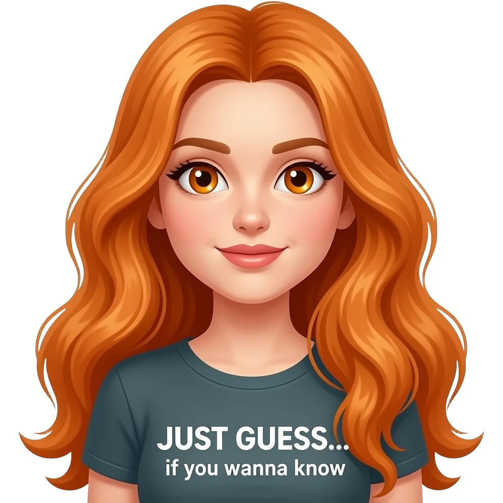 sexy girl with overlong ginger hair and ginger eyes a top with JUST GUESS... if you wanna know written on it emoji