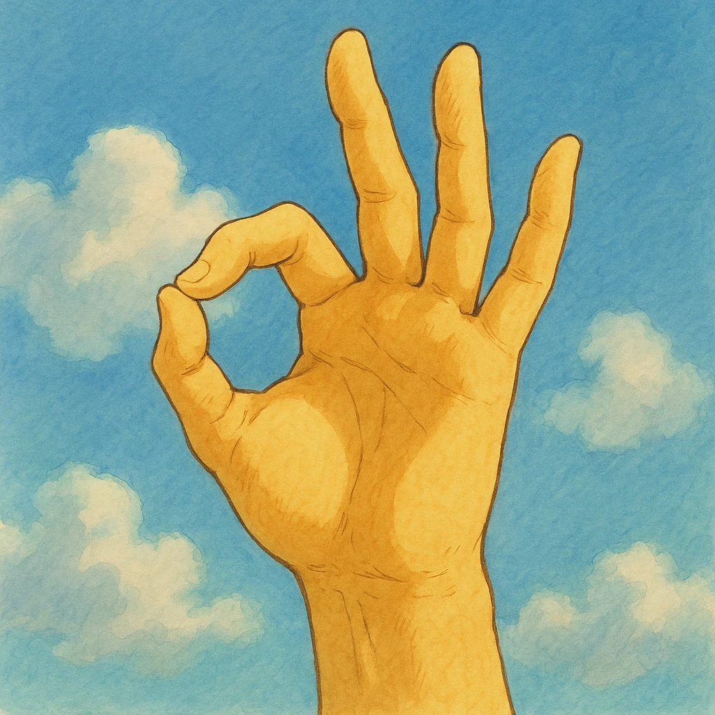 hand making the 'OK' gesture, ghibli style, yellow color emoji