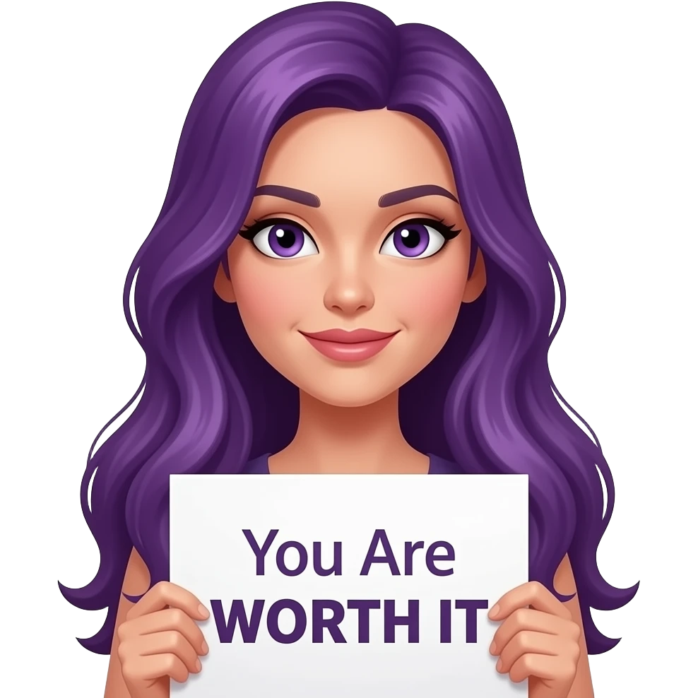 sexy girl with long purple hair and purple eyes holding a You Are WORTH IT sign emoji