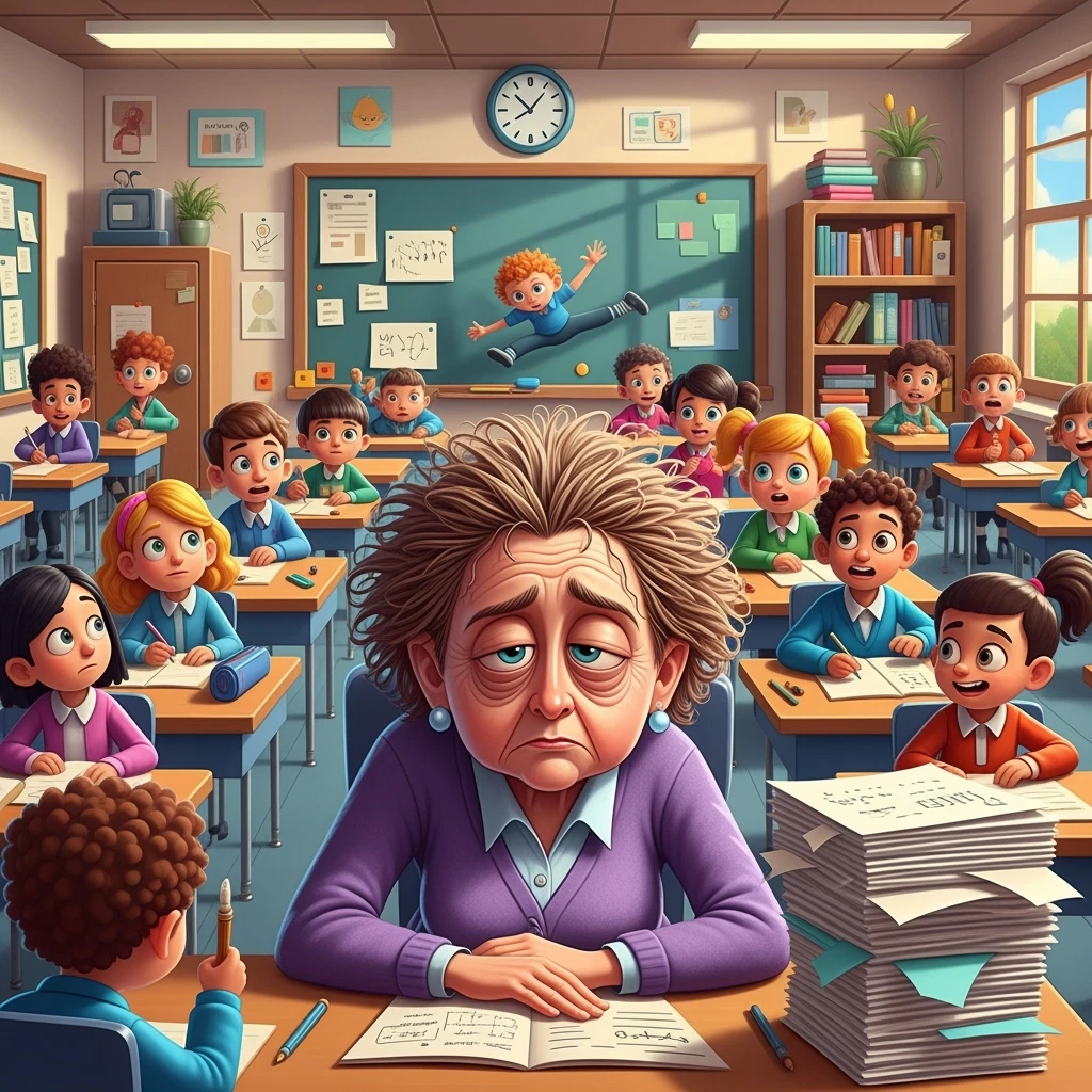 digital cartoon art of a exhausted teacher in a bustling classroom emoji