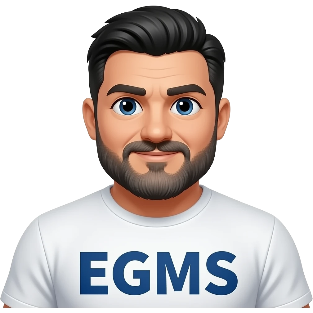 man kinda Chuncky with black hair grey beard with white shirt on that says EGMS emoji