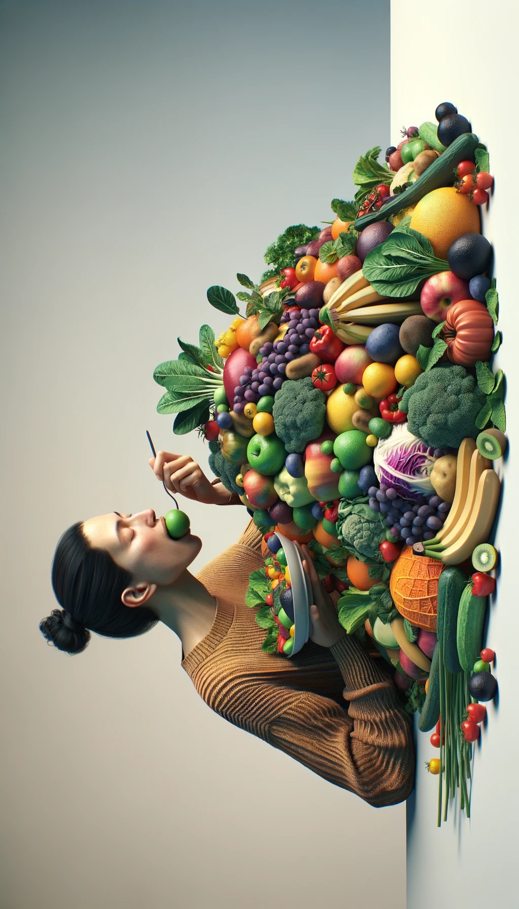 donna che mangia una montagna di frutta e verdura, SFONDO CHIARO NEUTRO, colori realistici, iperrealistico 4k emoji
