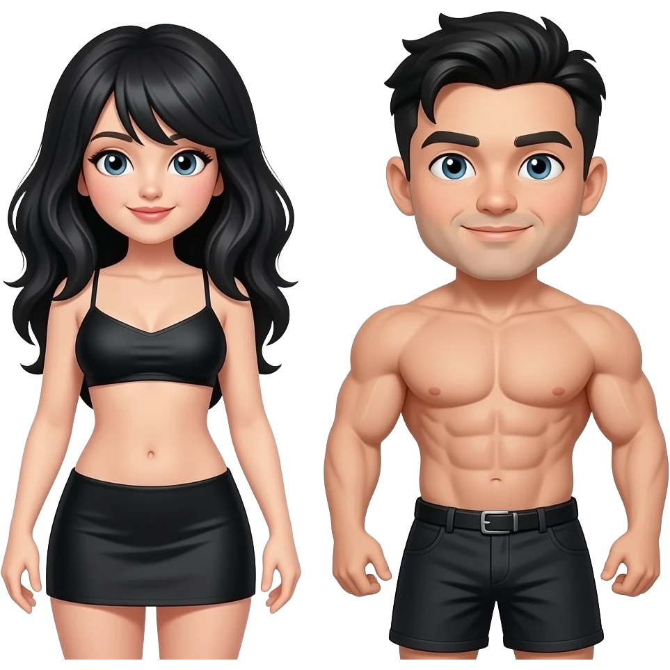 Change hair color of both to black.remove dress of the woman. Make the man muscular a fair skin emoji