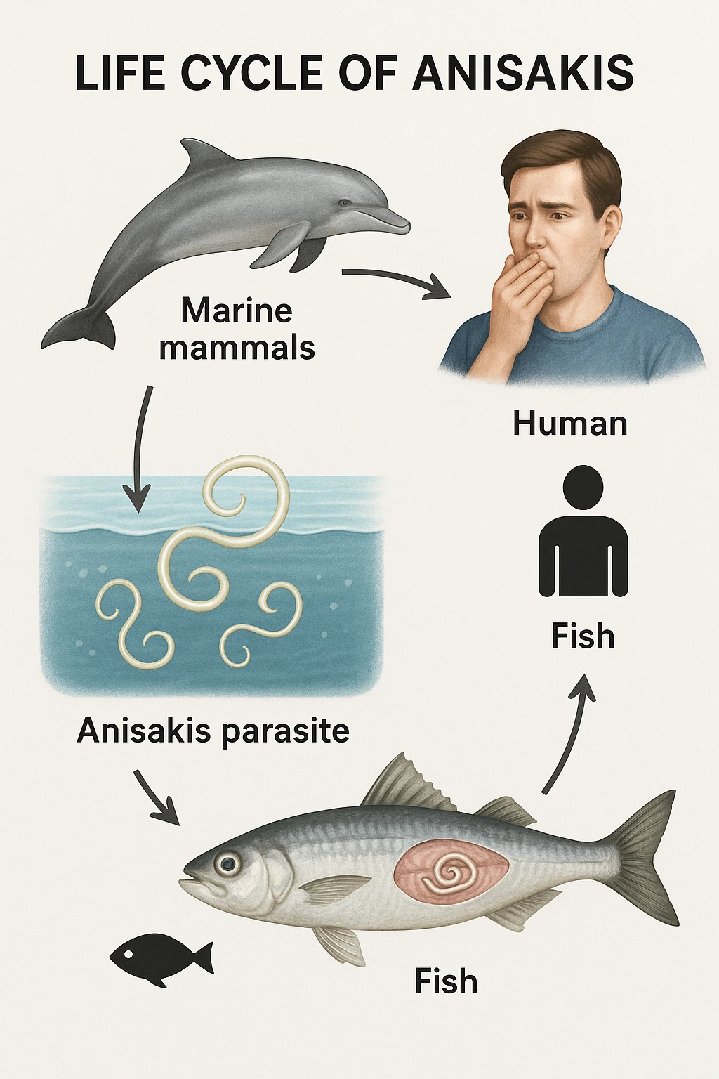a diagram showing the life cycle of Anisakis, with arrows connecting stages from marine mammals to fish and then to humans. Each stage is illustrated with realistic images: the parasite in the ocean, inside a fish, and the risk to humans who eat contaminated seafood. The style is clear and informative, with labels and icons. emoji
