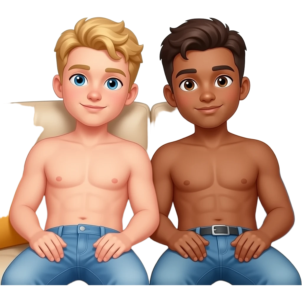 Make a young gay teen couple on a Date , one has light Skin with Blond Hair and Blue Eyes, the other one has slightly brown skin witz dark Brown Hair and Brown Eyes. They are laying shirtless on a couch. emoji