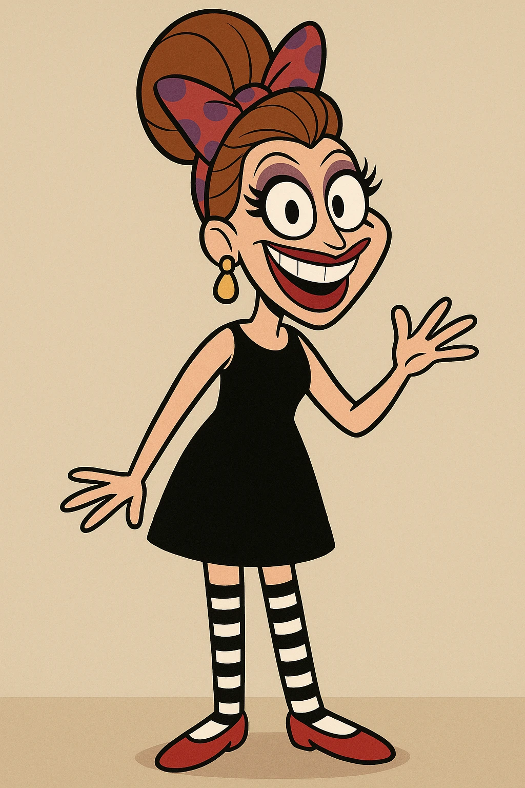 Bianca Del Rio red and purple spots hair ribbon colour dress black and white stripes socks red shoes  emoji
