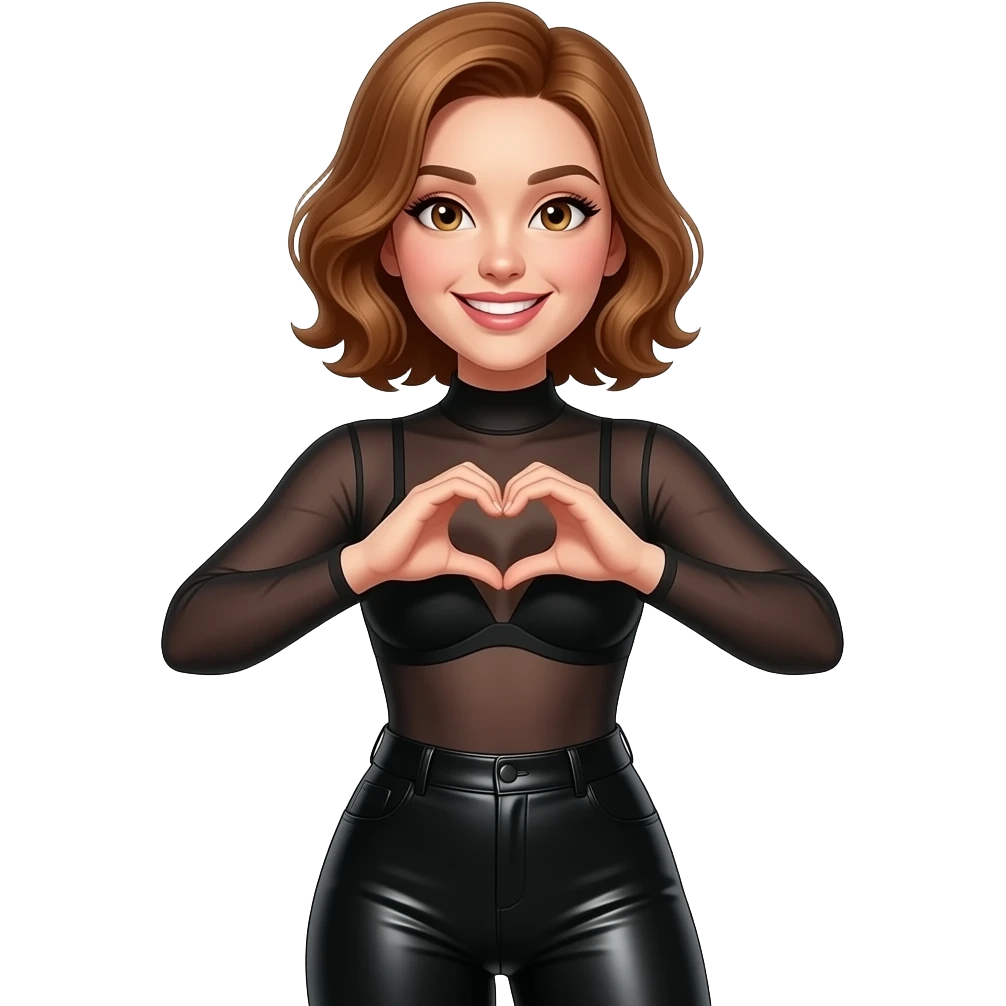 glamours,-tanned,-very-beautiful-woman-with-big-plump-rose-beige-lips,-long-lashes,-honey-silky-very short- hair,-wavy-hair,-hazel-eyes-wearing-black-long-sleeved-sheer-bodysuit-black-bra-under-black-latex-pants-Her-eyes-smiling-mouth-and-eyes-smiling-hands-up-making-a-heart-symbol emoji