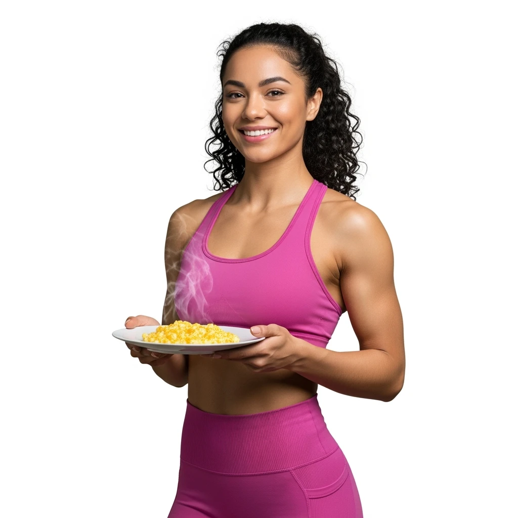 DONNA FITNESS CHE HA IN MANO UN PIATTO DI UOVA STRAPAZZATE, IPERREALISTICA 4K, SENZA SFONDO emoji