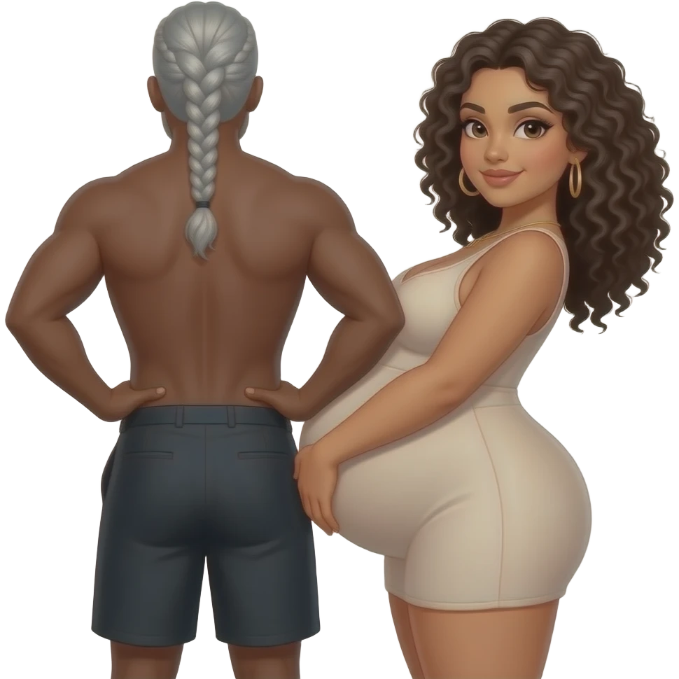 Full body image of naked big boob, light-skinned, bushy curly haired Latina woman bent over with her butt pressed against the pelvic area of a naked light-skinned Black man with silver and gray hair braided back grips her hips on each side emoji