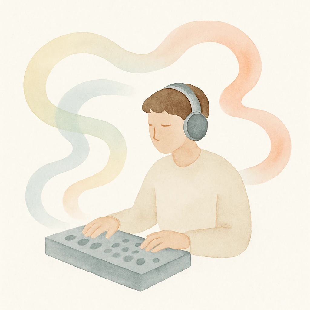 music producer surrounded by swirling colorful sound waves emoji
