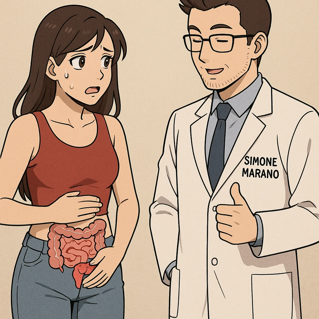 prendi spunto da questo stile di disegno e fai un webtoon/manga a colori con questo nutrizionista in camice bianco (fagli la scritta "SIMONE MARANO" SUL CAMICE) in piedi CHE PARLA CON UNA RAGAZZA in piedi accanto a lui. la ragazza GLI chiede UNA COSA preoccupata mentre si tocca la pancia e ha un intestino umano infiammato sulla pancia, e IL NUTRIZIONISTA CON IL CAMICE BIANCO le risponde mentre annuisce. la ragazza falla mora, con top rosso e jeans chiari, NON FARE I FUMETTI, FAI SOLO LORO COME SE DIALOGASSERO, falli a figura intera. la ragazza falla a sinistra e il nutrizionista a destra emoji