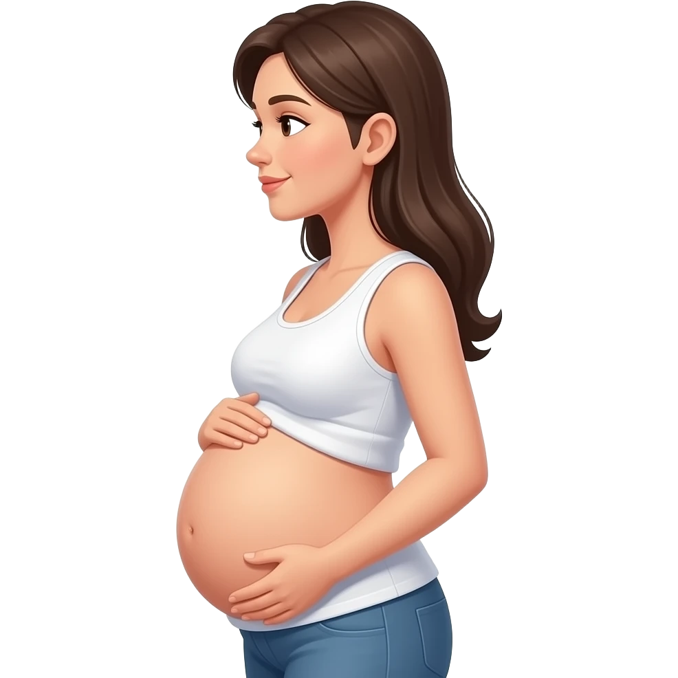 pregnant woman standing in profile, side view, exposed belly, holding her abdomen emoji