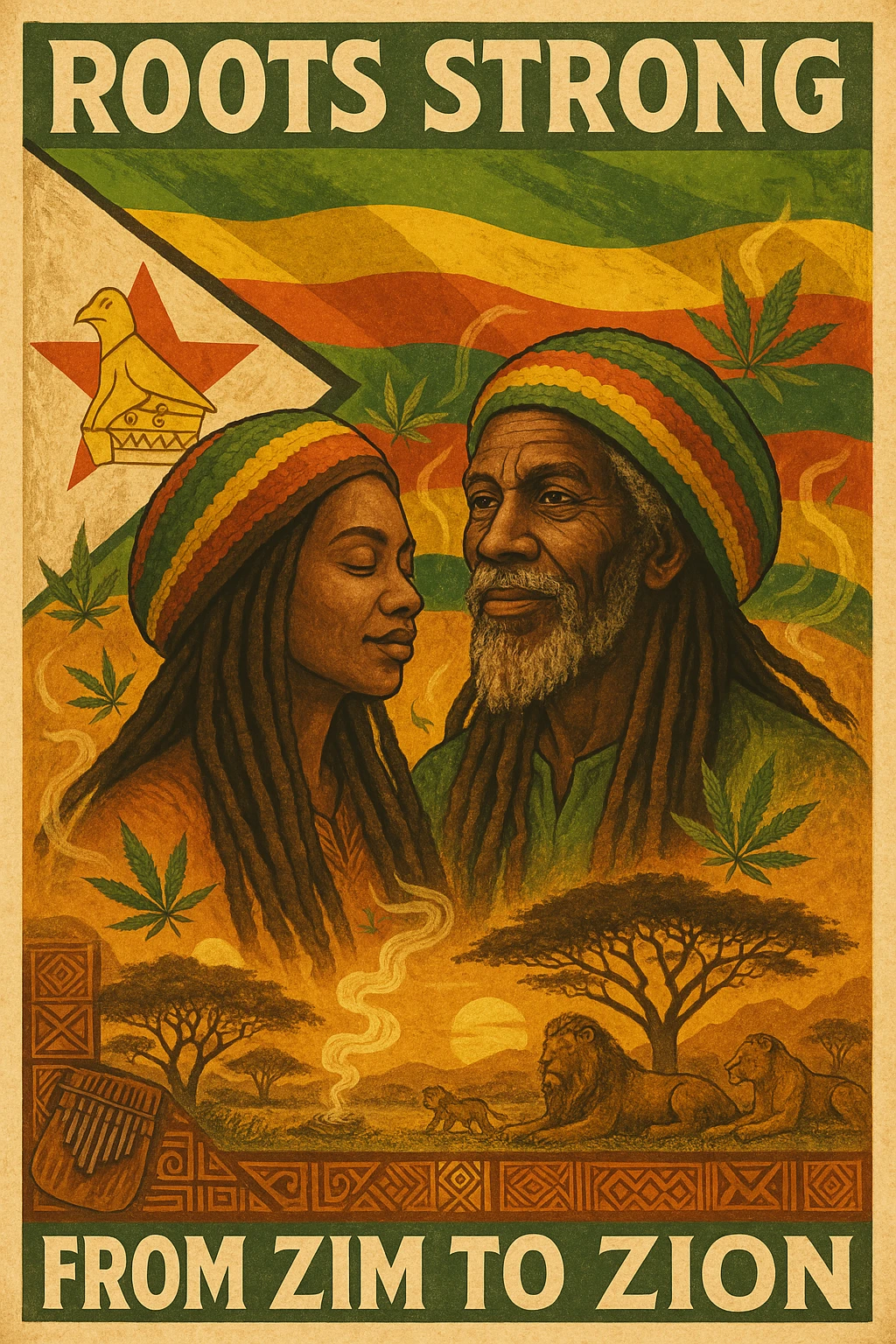 Design a powerful digital illustration in vintage poster style featuring a proud Zimbabwean Rasta man and woman with long dreadlocks and a knitted red, gold, and green tam. The background should blend the iconic Zimbabwe flag with textured detail — the red star, bird emblem, and bold stripes clearly visible but stylized with artistic flair. Add rich African earth tones, golden sunlight, and natural scenery like acacia trees, lions, or smoke from a healing herb circle. The Rasta should have a wise, peaceful expression — eyes full of ancient memory and inner fire. Incorporate ganja leaves subtly in the design, maybe flowing with the wind or circling the character like aura energy. Accent with traditional Shona patterns or mbira (thumb piano) motifs. Let the message reflect strength, unity, and ancestral healing. Optional text: “Roots Strong from Zim to Zion” or “Mash up Babylon from Harare to di hills.” emoji