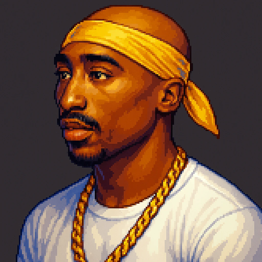 2Pac in the style of pixel art, three-quarter view, with a gold chain emoji