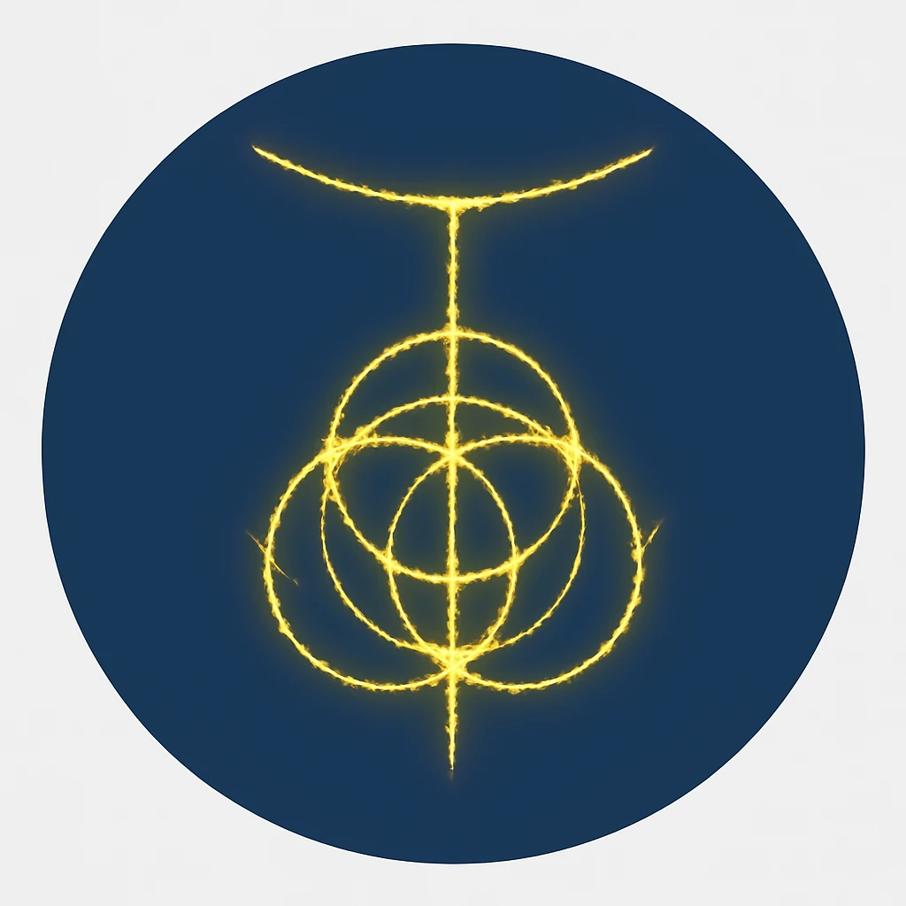 Place the glowing yellow Elden Ring symbol inside a clean, iconic, and modern dark blue circle background. The ring should remain bright yellow and glowing with no extra elements or text. The background can be solid or gradient dark blue circle, emphasizing a sleek and minimalistic style. emoji