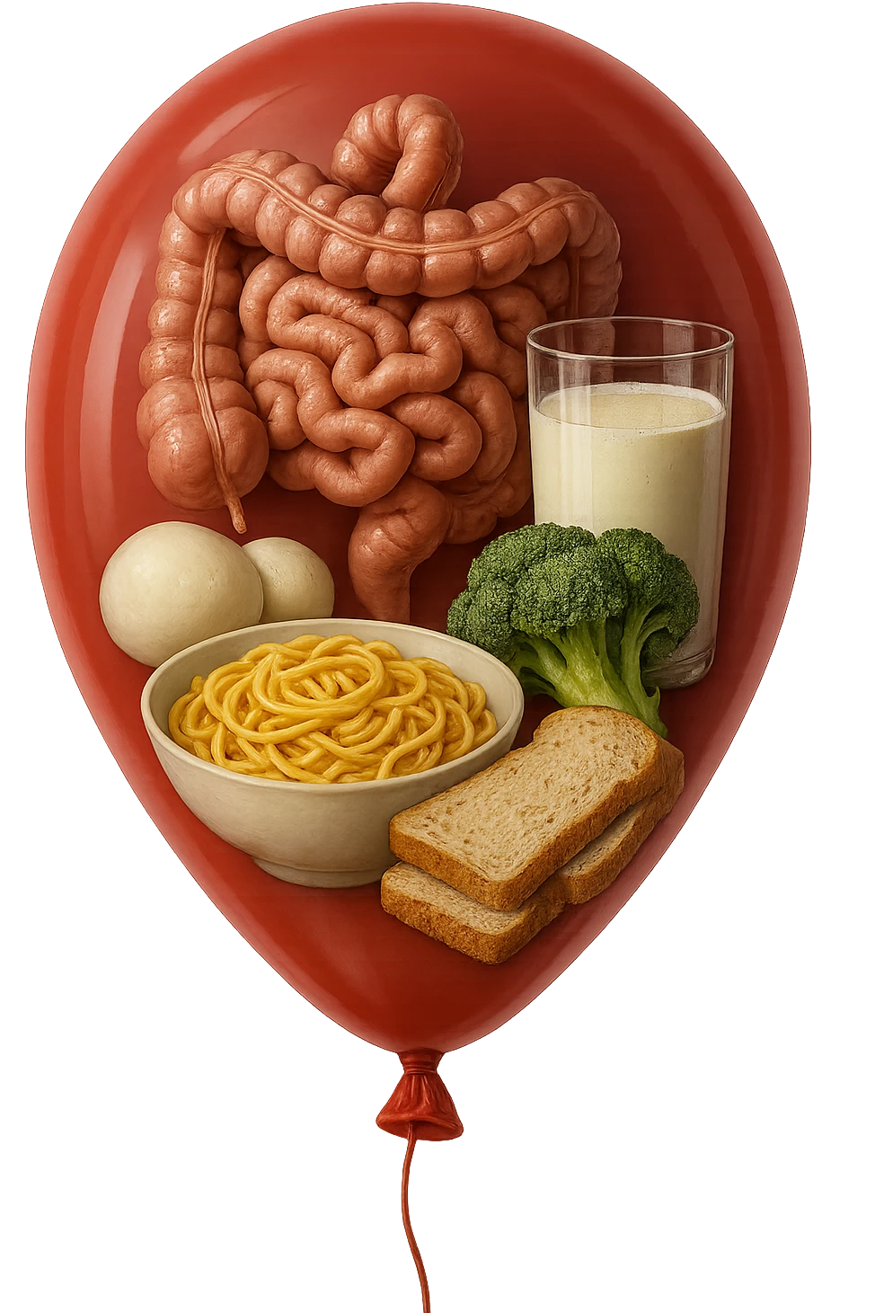 PALLONCINO ROSSO CON DENTRO UN INTESTINO UMANO, UNA MOZZARELLA, UN BICCHIERE DI LATTE, UNA BOWL DI PASTA, QUALCHE BROCCOLO, QUALCHE FETTINA DI PANE emoji