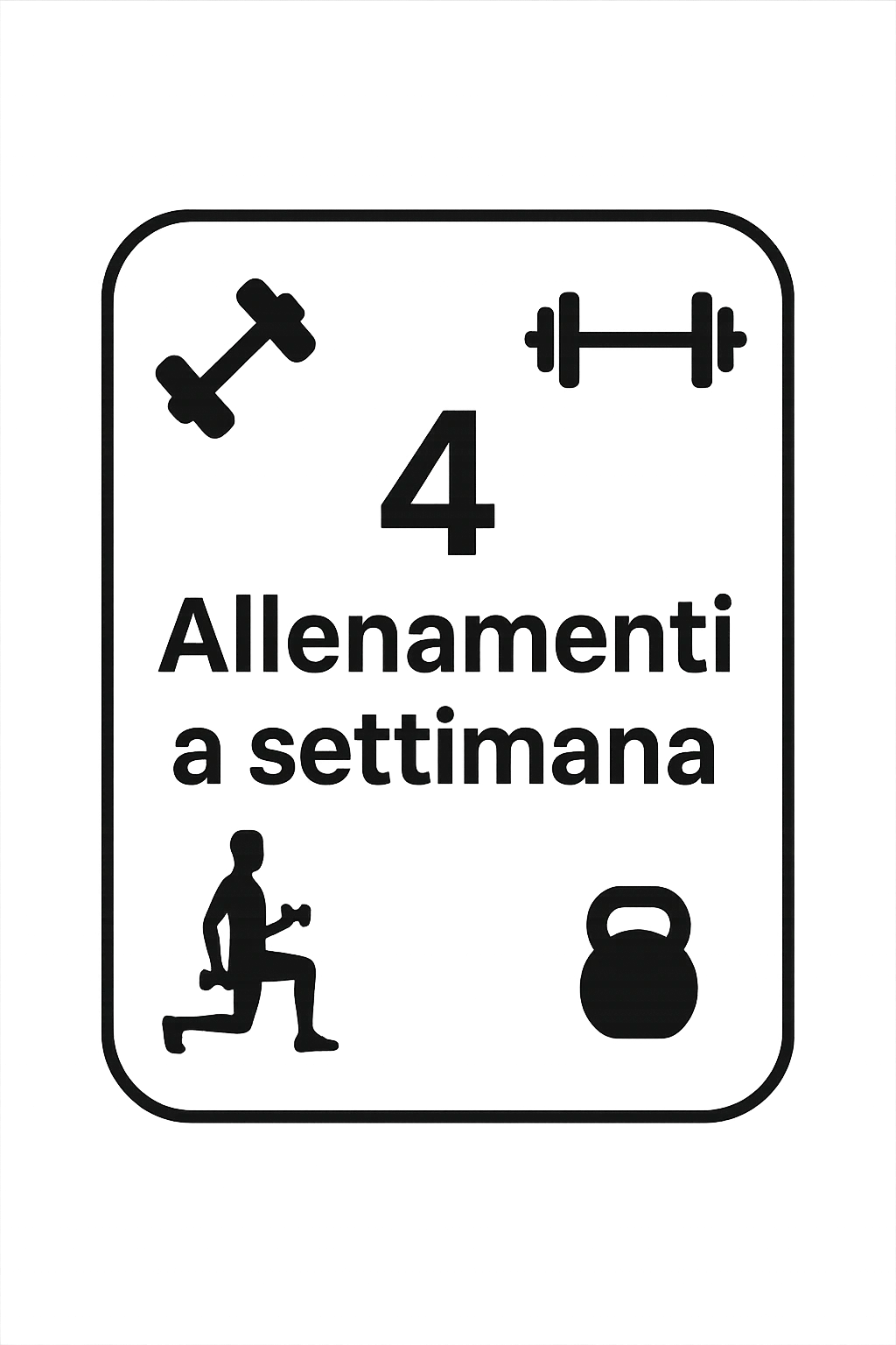 Scheda di allenamento di palestra con scritto "4 Allenamenti a settimana" emoji