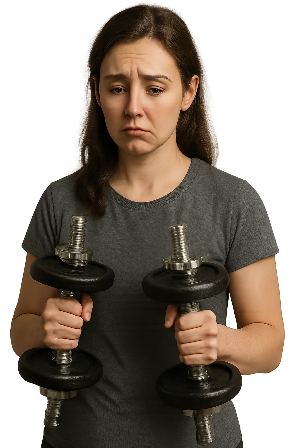 DONNA FITNESS CON MANUBRI DA PALESTRA IN MANO ED ESPRESSIONE TRISTE emoji