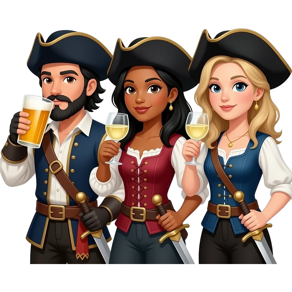 Three musketeers with swords and hats. One guy with black hair, beard and dark brown eyes, one girl with black hair and tanned skin and one girl with blond hair. The guy is drinking beer and the girls white wine. emoji