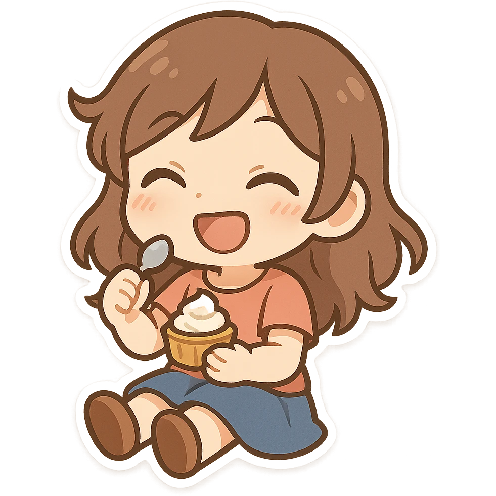 一个女孩开心地坐着，手里拿着一个小蛋糕，开心的吃着小蛋糕 emoji