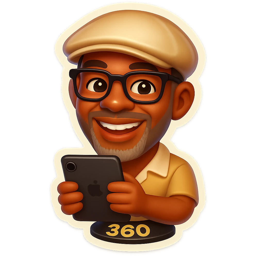Create a rounded, expressive emoji of a man wearing a Kangol hat, glasses, and grey beard stubble. He is standing on a 360 booth holding an iPad as the camera. The style should be consistent with retro stickers emoji style. emoji