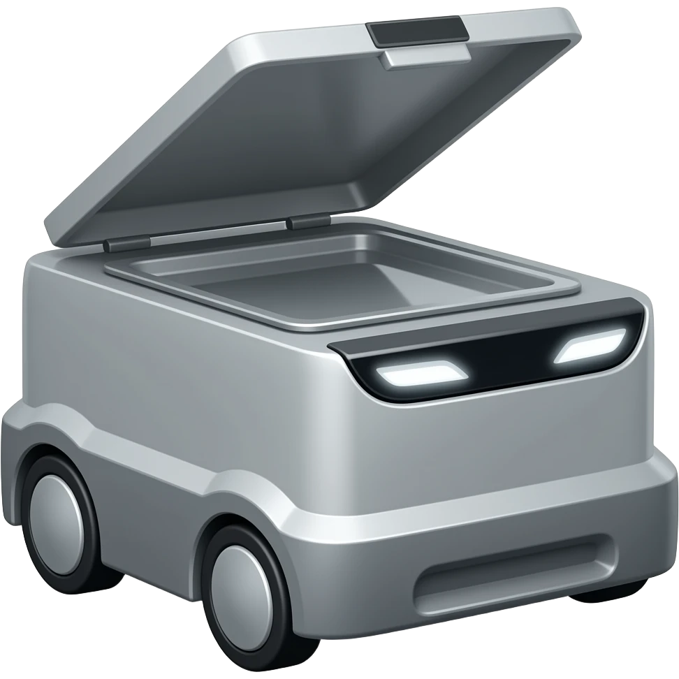 Solid rectangle gray delivery robot with circle white led eyes and opening lid on 4 wheels with food minimalistic design emoji