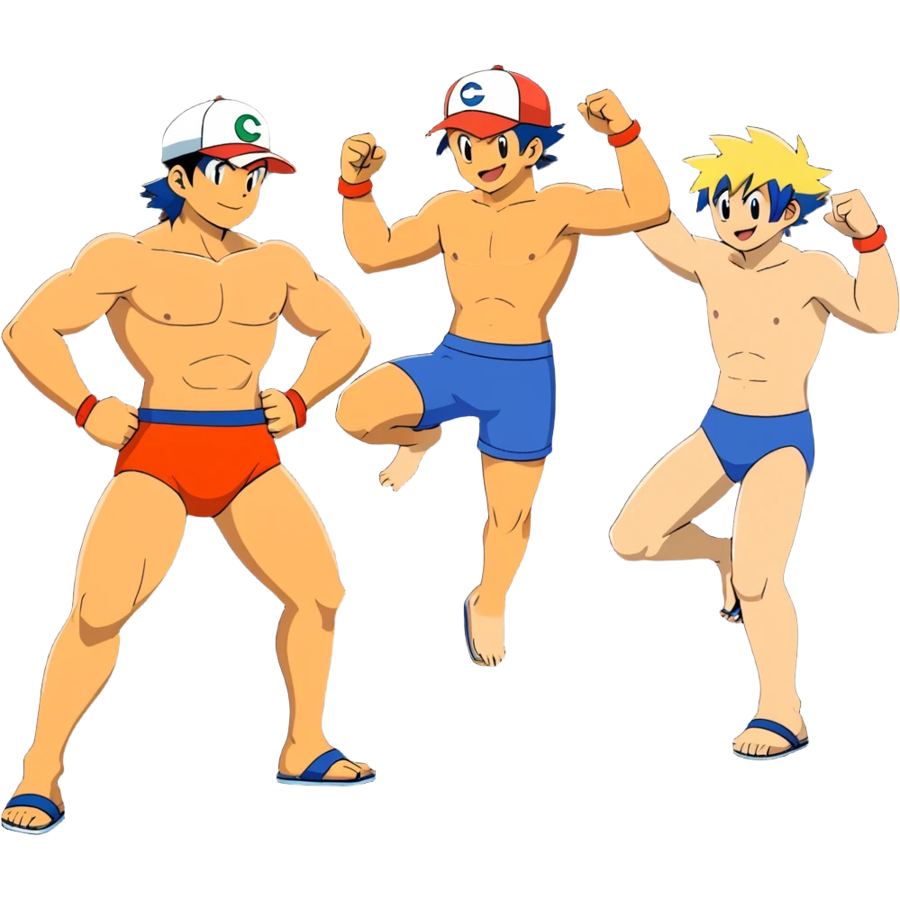 Hot handsome muscular 6ft 5inch tall smiling happy fun shirtless Ash Ketchum dancing like fire with two best friends in short swimwear emoji
