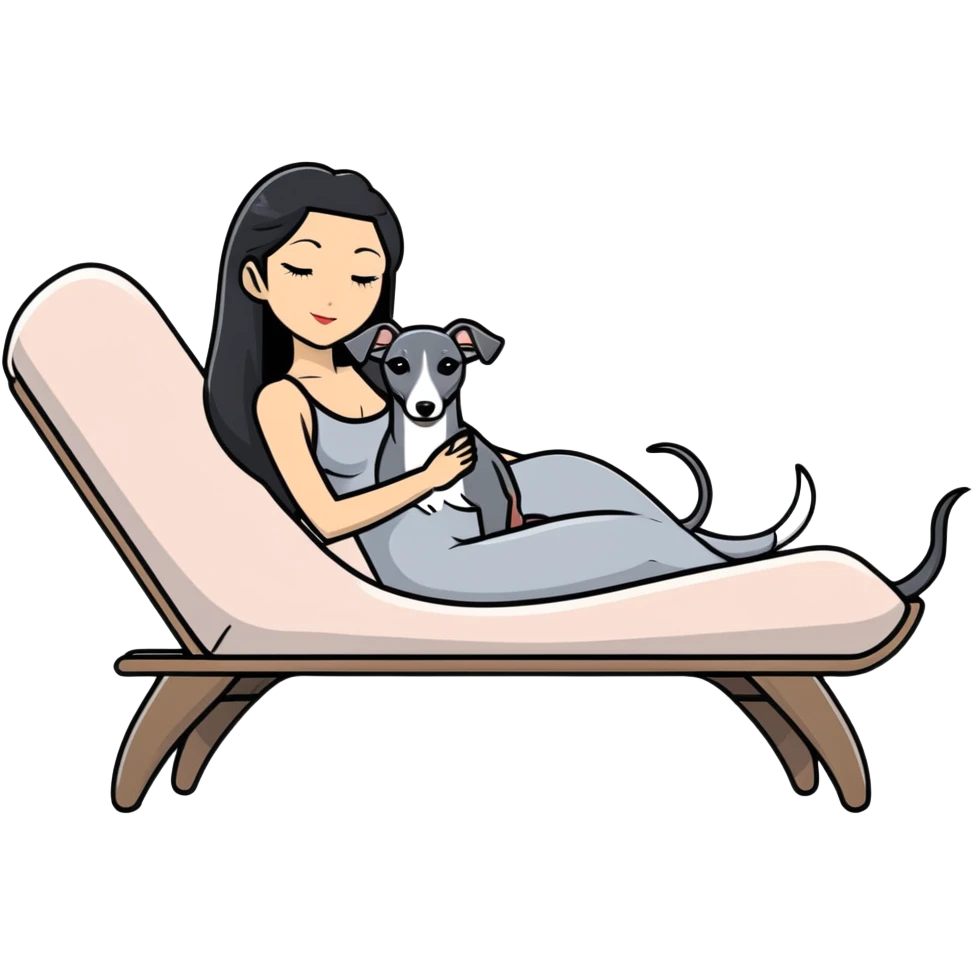 Very thin Chinese woman with long black hair relaxing on a spa lounger with exactly ONE Italian greyhound. CRITICAL REQUIREMENT: the dog must be ONE SOLID VERY DARK CHARCOAL GREY (almost black-grey) COLOR from nose to tail with NO WHITE or LIGHT AREAS anywhere - NO white face, NO white muzzle, NO white chest, NO white paws, NO white tail tip - NOTHING BUT A SINGLE SHADE OF VERY DARK GREY throughout the entire animal emoji