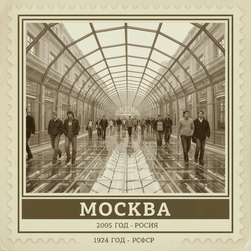 Полностью стеклянная улица в Москве (сверху также накрыта стеклянными арками), по которой гуляют люди, машин нет. 2005 год.

Стиль - фотореализм.

Стилизуй под марку с фото emoji