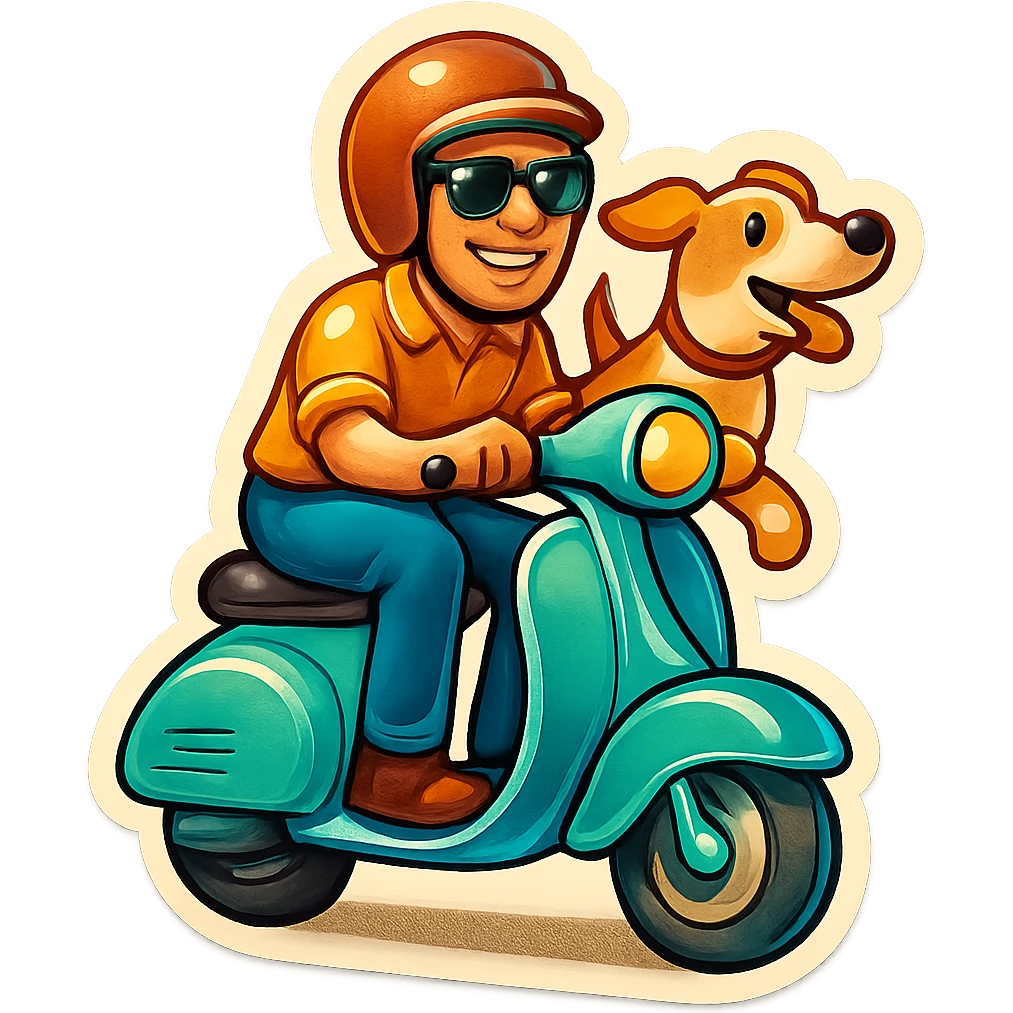 man and his pet dog riding a vespa emoji